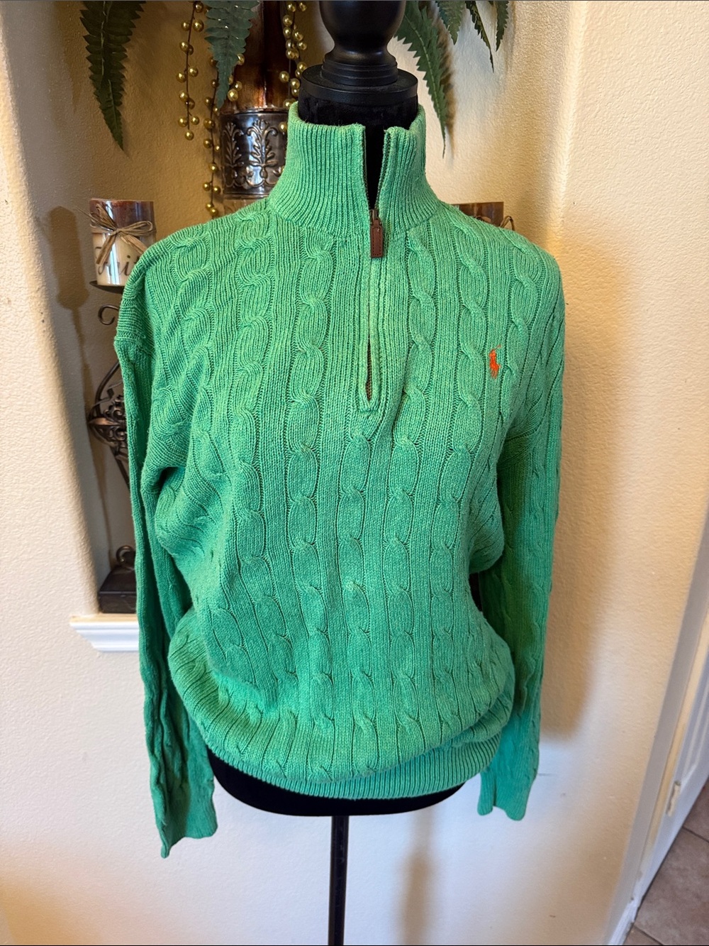 Polo by Ralph Lauren Green Cable-Knit Half-Zip Sweater